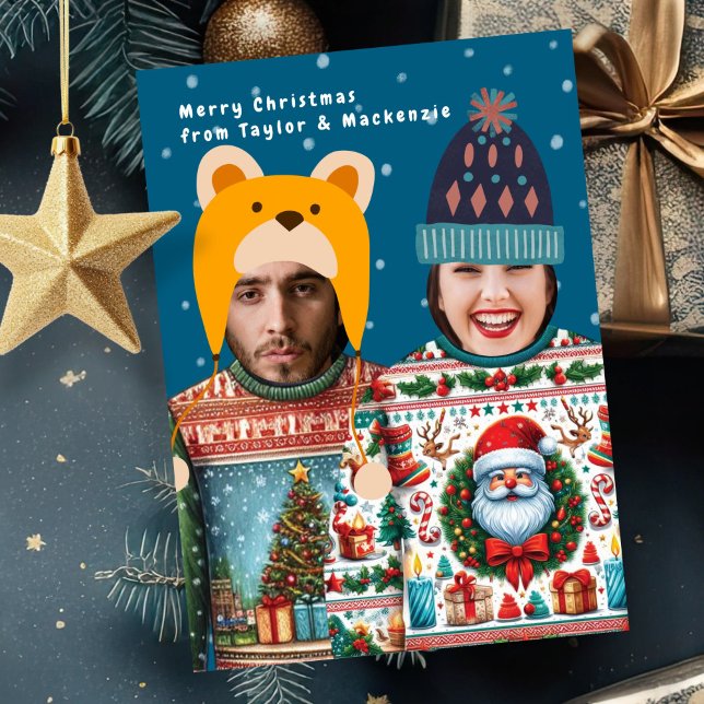 Invitations En Acrylique Drôle Photo Personalized Christmas Jumper (Funny Photo Personalized Christmas Jumper Acrylic cards By Ricaso. Add your own faces to this card)