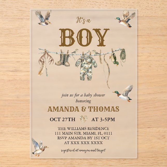 Invitations En Acrylique Duck Hunting It's a Boy Baby Shower  (Recto)