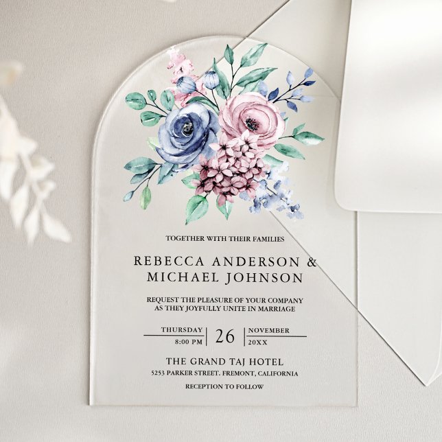 Invitations En Acrylique Dusty Blue and Pink Floral Wedding (Créateur téléchargé)
