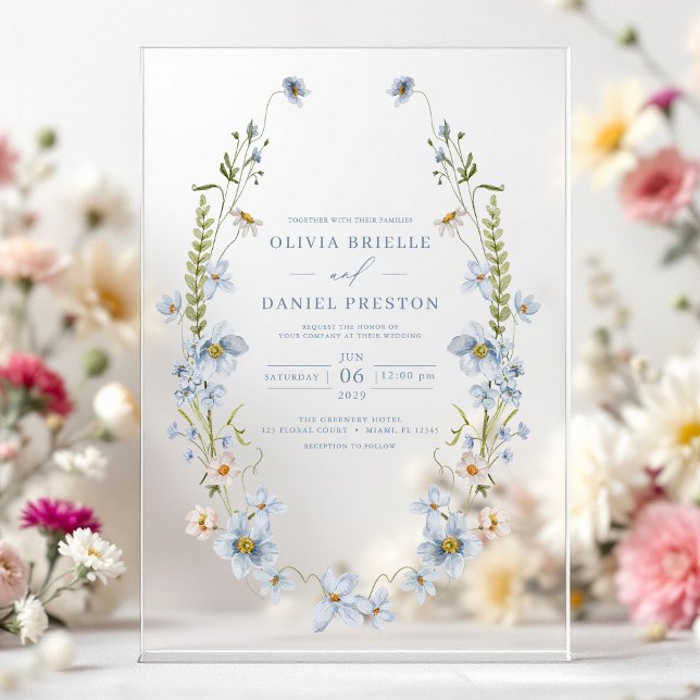 Invitations En Acrylique Dusty Blue Boho Fleur sauvage Jardin Mariage (Créateur téléchargé)