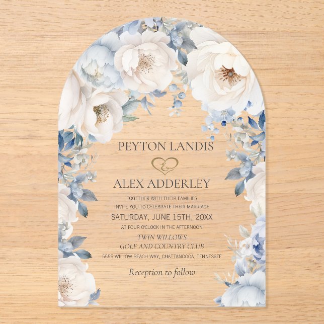 Invitations En Acrylique Dusty Blue Cream Blanc Floral or Arch Mariage (Recto)