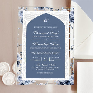 Invitations En Acrylique Dusty Blue Floral Anand Karaj Punjabi Sikh Mariage
