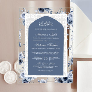 Invitations En Acrylique Dusty Blue Floral Blanc dentelle arc Mariage musul