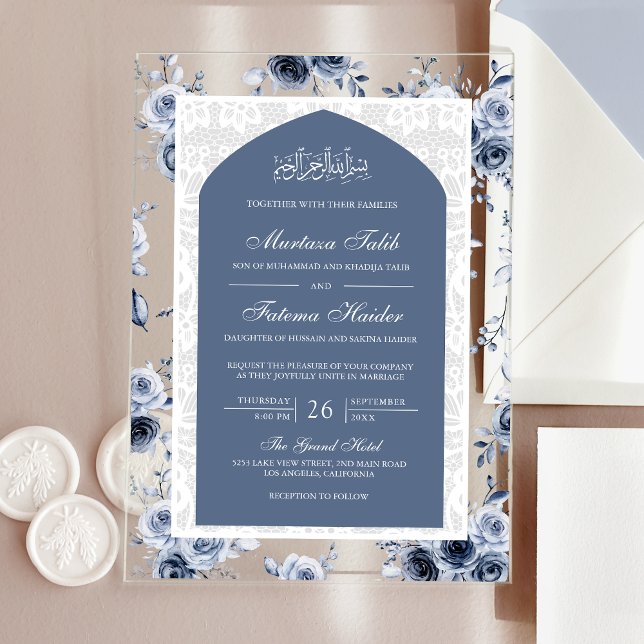 Invitations En Acrylique Dusty Blue Floral Blanc dentelle arc Mariage musul (Créateur téléchargé)