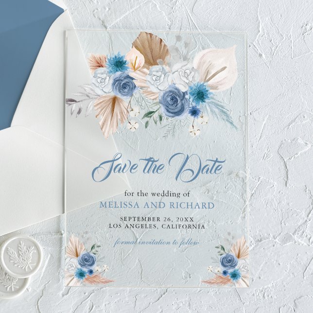 Invitations En Acrylique Dusty Blue Floral Boho Wedding Enregistrer la date (Créateur téléchargé)