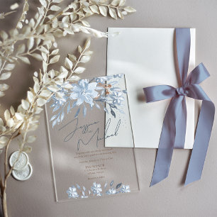 Invitations En Acrylique Dusty Blue Floral Chic Script hiver thème Mariage