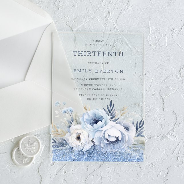 Invitations En Acrylique Dusty Blue Floral Girls 13e fête d'anniversaire (Créateur téléchargé)