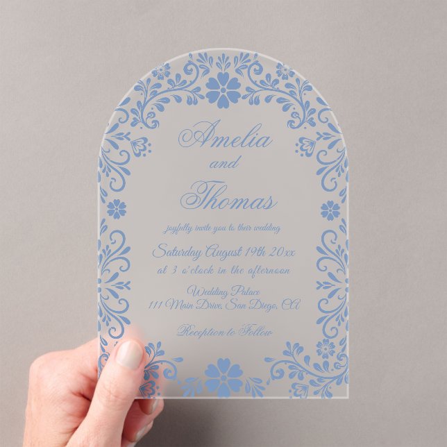 Invitations En Acrylique Dusty Blue Floral Mariage (In situ (ordinateur de poche))