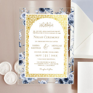 Invitations En Acrylique Dusty Blue Floral or Motif musulman Mariage
