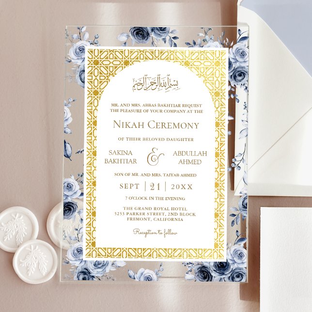 Invitations En Acrylique Dusty Blue Floral or Motif musulman Mariage (Créateur téléchargé)