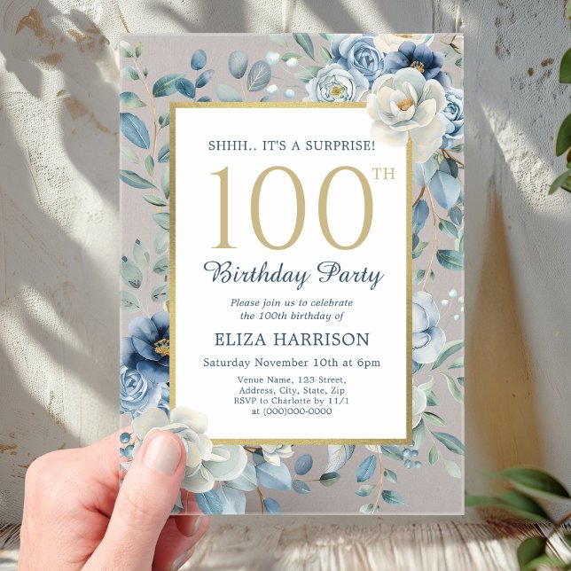 Invitations En Acrylique Dusty Blue Floral Surprise 100e anniversaire (Créateur téléchargé)
