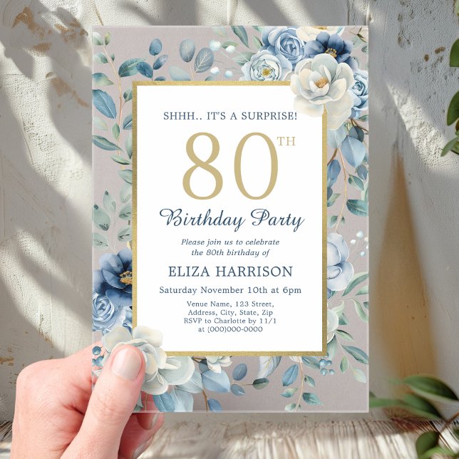 Invitations En Acrylique Dusty Blue Floral Surprise 80e anniversaire (Créateur téléchargé)