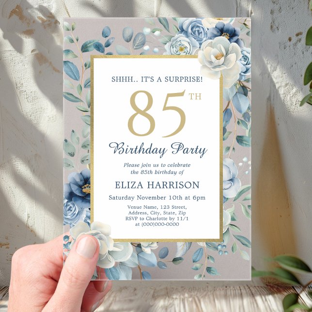 Invitations En Acrylique Dusty Blue Floral Surprise 85e anniversaire (Créateur téléchargé)