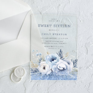 Invitations En Acrylique Dusty Blue Floral Sweet 16 Seteen Party