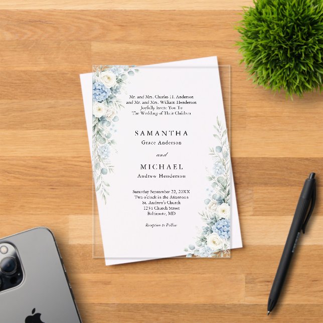 Invitations En Acrylique Dusty Blue Florals Both Parents Names Wedding (Insitu (Carte d'invitation))