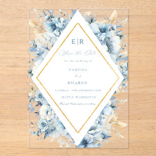 Invitations En Acrylique Dusty Blue Gold Floral Bloom tout en un Mariage