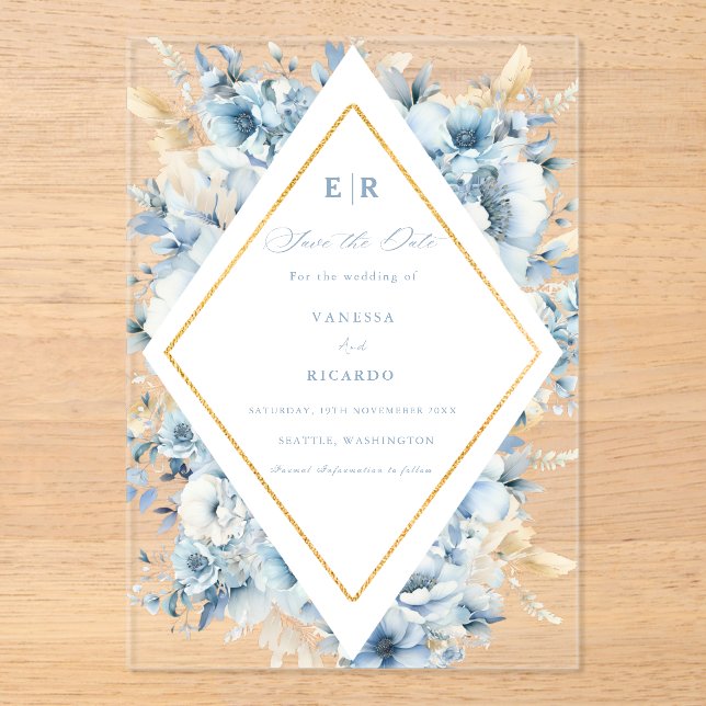 Invitations En Acrylique Dusty Blue Gold Floral Bloom tout en un Mariage (Recto)