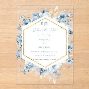 Invitations En Acrylique Dusty Blue Gold Floral Bloom tout en un Mariage