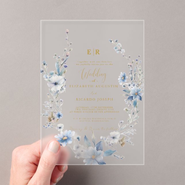 Invitations En Acrylique Dusty Blue Gold Floral Spring Bloom Mariage (In situ (ordinateur de poche))