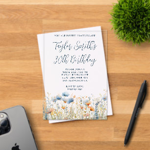 Invitations En Acrylique Dusty Blue Peach Fleurs sauvages 30e anniversaire