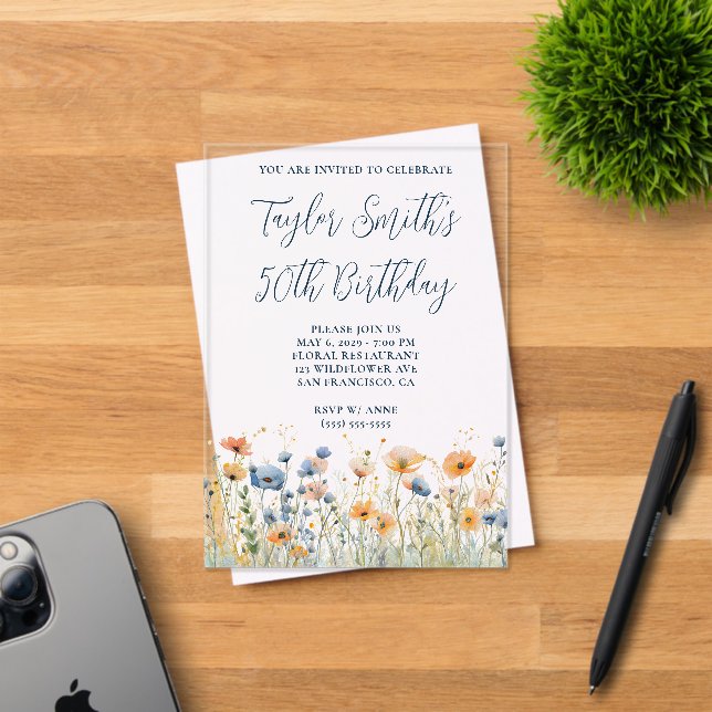Invitations En Acrylique Dusty Blue Peach Fleurs sauvages 50e anniversaire (Insitu (Carte d'invitation))