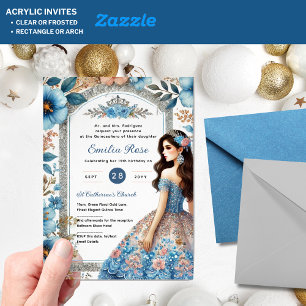 Invitations En Acrylique Dusty BLUE Peach Quinceañera robe Floral Quince