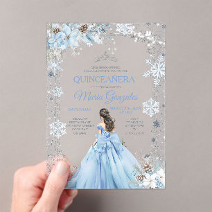 Invitations En Acrylique Dusty Blue Princess Floral Winter Snow Quinceañera