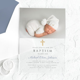 Invitations En Acrylique Dusty Blue Religieux Cross Boy Photo Baptême