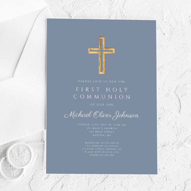 Invitations En Acrylique Dusty Blue Religious Cross Boy First Communion (Dusty Blue Religious Cross Boy First Communion Acrylic Invitations)