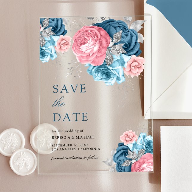 Invitations En Acrylique Dusty Blue Rose Floral Rose Mariage Enregistrer la (Créateur téléchargé)