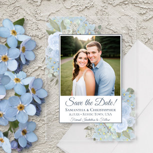 Invitations En Acrylique Dusty Blue Roses et mariage photo Enregistrer la d