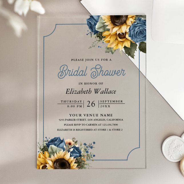 Invitations En Acrylique Dusty Blue Roses Sunflowers Photo Bridal Shower (Créateur téléchargé)