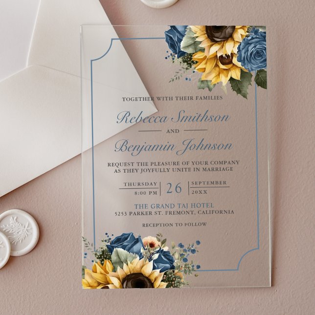 Invitations En Acrylique Dusty Blue Roses Sunflowers Wedding (Créateur téléchargé)