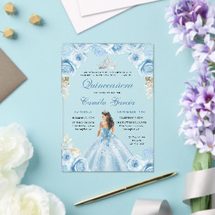 Invitations En Acrylique Dusty Blue & Silver Floral Princess Quinceañera