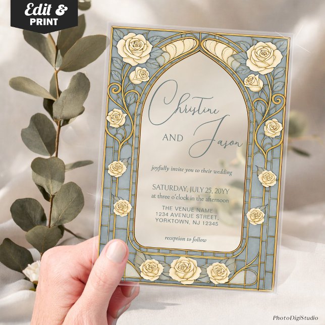 Invitations En Acrylique Dusty Blue Stained Glass Whimsical Floral Wedding  (Dusty Blue Stained Glass Whimsical Floral Wedding Acrylic Invitations)