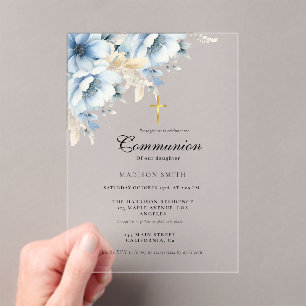 Invitations En Acrylique Dusty Fleur sauvage d'or bleu première communion s