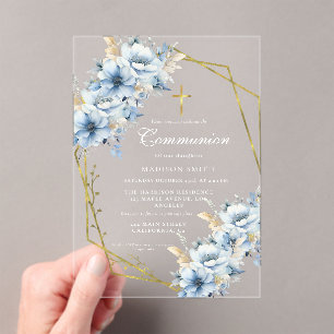 Invitations En Acrylique Dusty Fleur sauvage d'or bleu première communion s