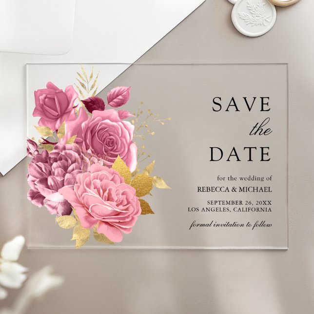 Invitations En Acrylique Dusty Mauve rose Floral Gold Wedding Enregistrer l (Créateur téléchargé)