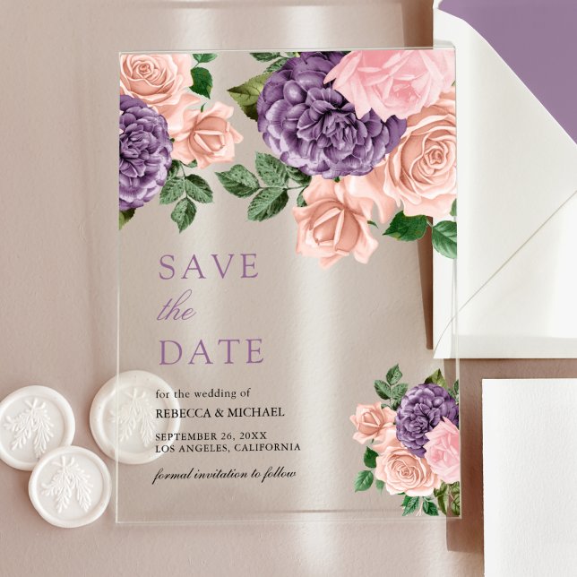 Invitations En Acrylique Dusty Peach Purple Floral Wedding Enregistrer la d (Créateur téléchargé)