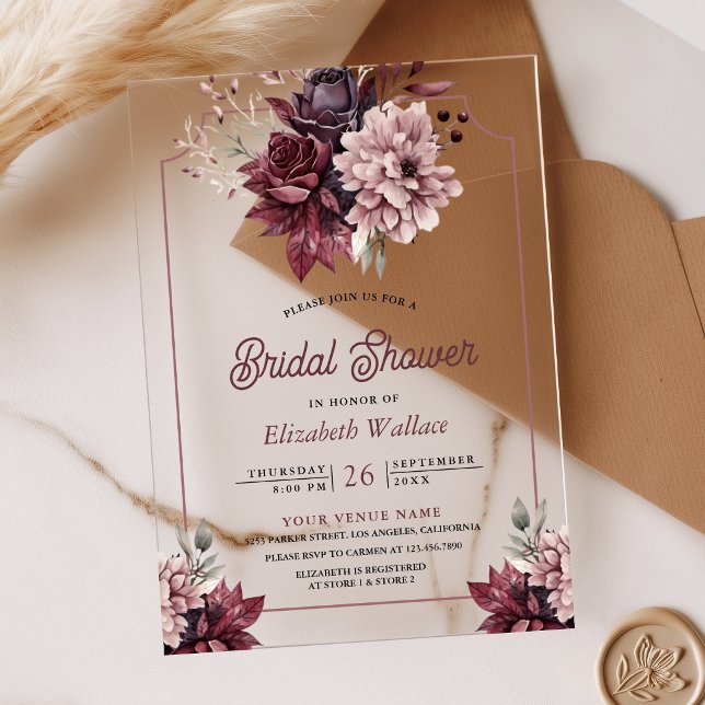 Invitations En Acrylique Dusty Pink Burgundy Floral Bridal Shower (Créateur téléchargé)