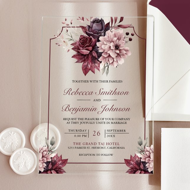 Invitations En Acrylique Dusty Pink Burgundy Floral Frame Wedding (Créateur téléchargé)