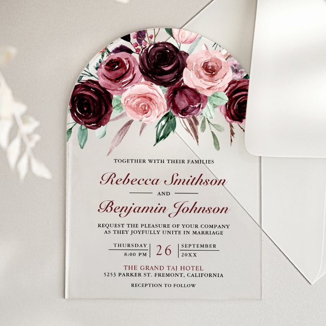Invitations En Acrylique Dusty Pink Burgundy Floral Wedding (Créateur téléchargé)