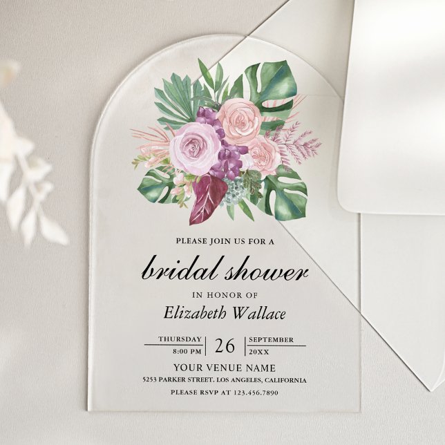 Invitations En Acrylique Dusty Pink Roses Tropical Monstera Bridal Shower (Créateur téléchargé)