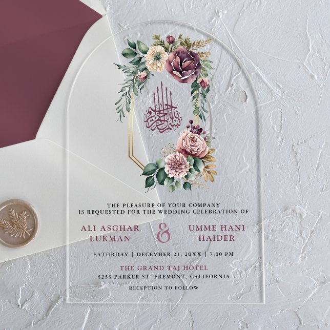 Invitations En Acrylique Dusty Purple Gold Floral Crest Muslim Wedding (Créateur téléchargé)