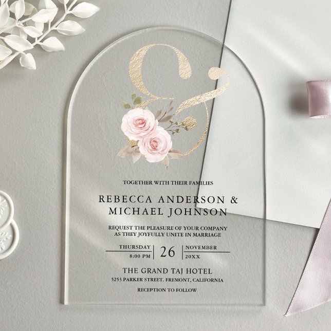 Invitations En Acrylique Dusty Rose Blush Floral Ampersand Wedding (Créateur téléchargé)