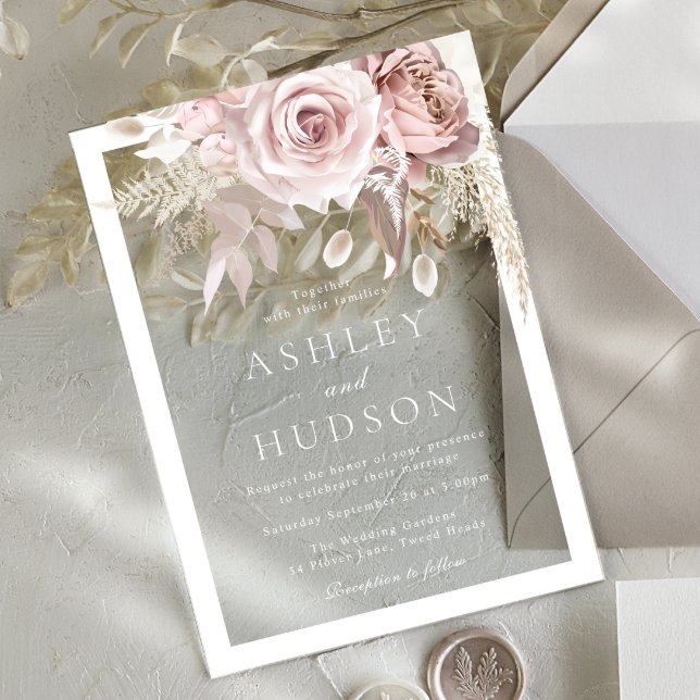 Invitations En Acrylique Dusty Rose & Blush Wedding White Border (Créateur téléchargé)