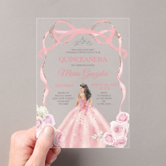 Invitations En Acrylique Dusty rose Bow Princess Silver Crown Quinceañera (In situ (ordinateur de poche))