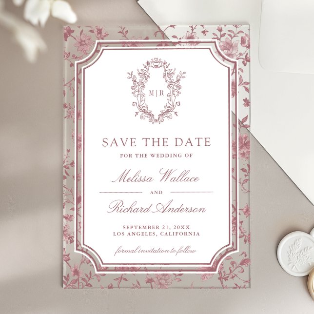 Invitations En Acrylique Dusty Rose Chinoiserie Crest Wedding Save the Date (Créateur téléchargé)