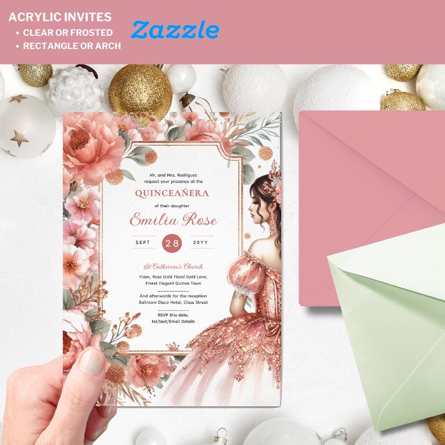 Invitations En Acrylique Dusty Rose or Quinceañera robe Floral Quince (Créateur téléchargé)