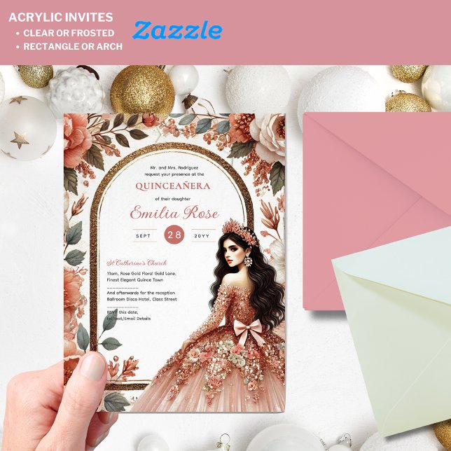 Invitations En Acrylique Dusty Rose or Quinceañera robe Floral Quince (Créateur téléchargé)
